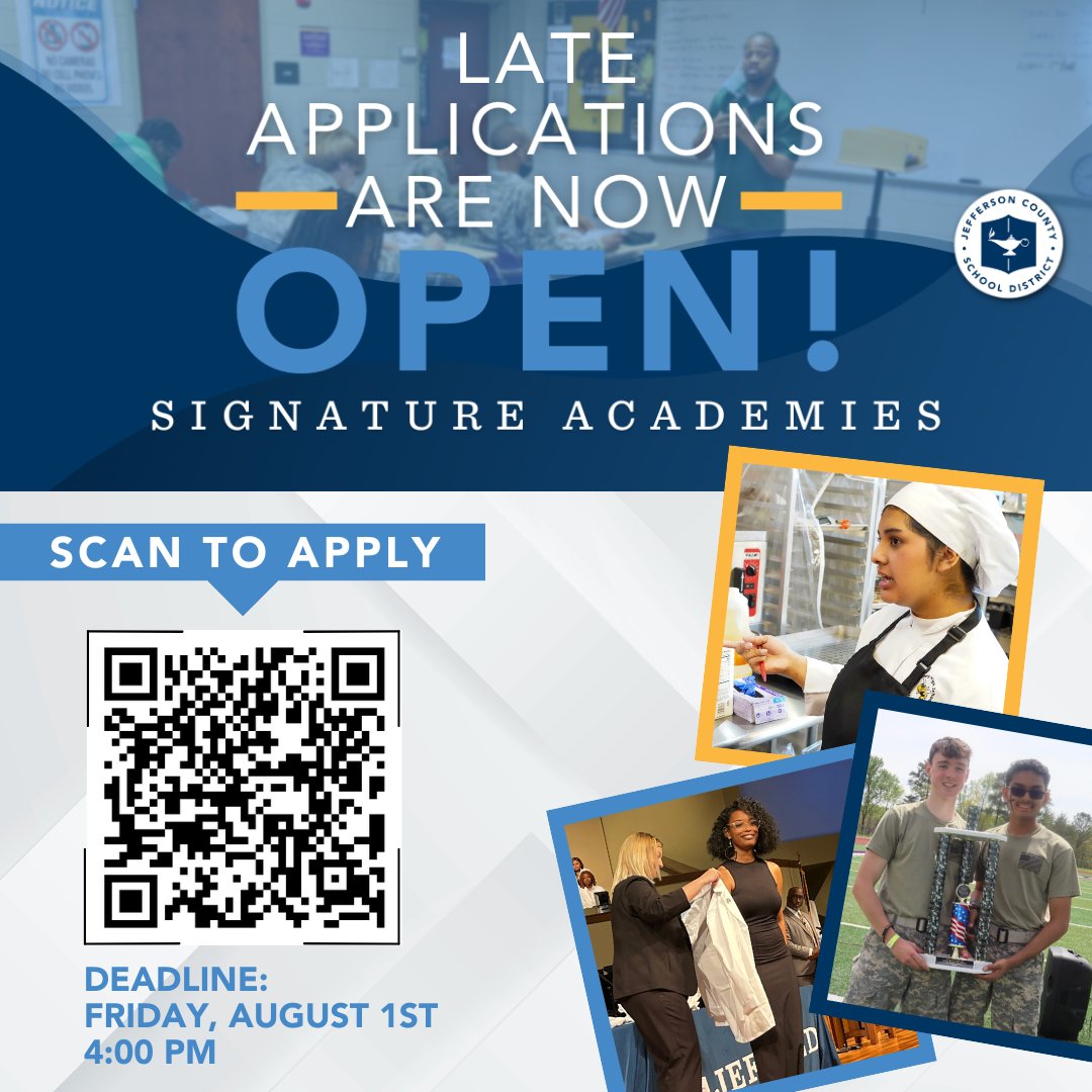 JEFCOED's tweet image. The JEFCOED Signature Academy LATE Application Portal is now open!📝
Applications will be accepted for rising 9th and 10th-grade students through Friday, August 1st at 4:00 pm.
Click here to apply or scan the QR code below:
magnet-jeffersonco.lfdmypick.com/application/9