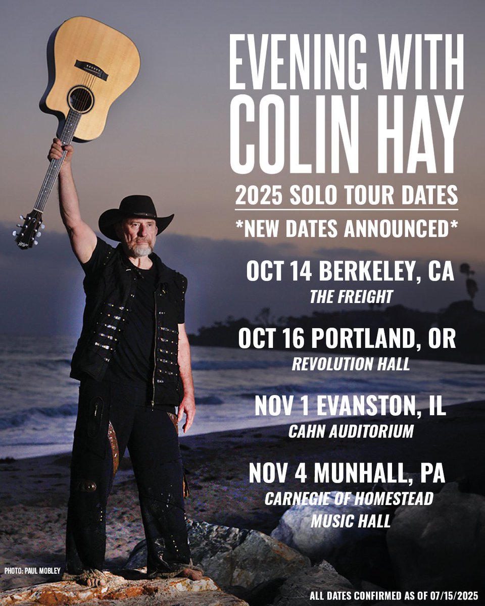 ColinHay's tweet image. Four new dates have just been added to Colin's 2025 Tour:
Oct 14 – Berkeley, CA — tickets on sale 7/18
Oct 16 – Portland, OR — presale 7/17 code: TRUEWEST
Nov 1 – Evanston, IL — tickets on sale 7/18
Nov 4 – Munhall, PA — tickets on sale 7/18
🎟️: colinhay.com/tour
