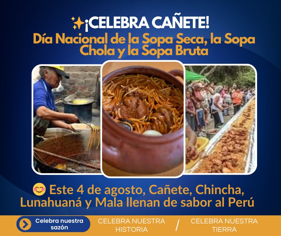 Juan Vladimir Rojas (@juvroh) on Twitter photo #cañete ✨¡CELEBRA CAÑETE!
😊 Este 4 de agosto, Cañete, Chincha, Lunahuaná y Mala llenan de sabor al Perú con el Día Nacional de la Sopa Seca, la Sopa Chola y la Sopa Bruta.
#Lima #Peru #Noticias <a href="/midagriperu/">MIDAGRI PERÚ</a> <a href="/marcaPERU/">Marca PERÚ 🇵🇪</a> tinyurl.com/bdcw2kwn #cañete ✨¡CELEBRA CAÑETE!
😊 Este 4 de agosto, Cañete, Chincha, Lunahuaná y Mala llenan de sabor al Perú con el Día Nacional de la Sopa Seca, la Sopa Chola y la Sopa Bruta.
#Lima #Peru #Noticias <a href="/midagriperu/">MIDAGRI PERÚ</a> <a href="/marcaPERU/">Marca PERÚ 🇵🇪</a> tinyurl.com/bdcw2kwn