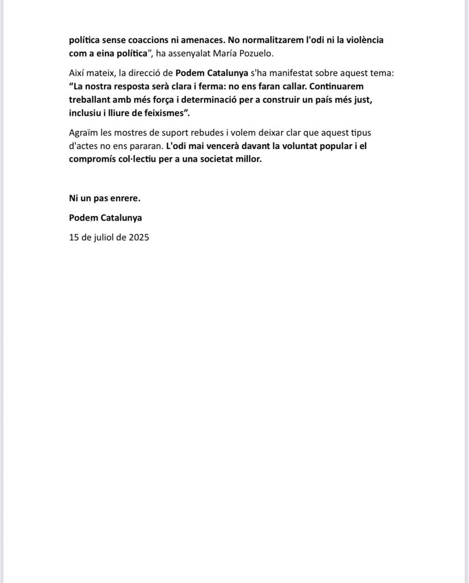 Ahir a la tarda el meu cotxe va aparèixer vandalitzat amb símbols feixistes. No és un atac personal: és un intent d’intimidar totes les que alcem la veu per defensar drets i justícia social.
Gràcies pel suport. Seguim, col·lectivament.

#PodemCatalunya #Antifeixism