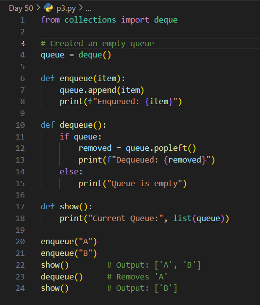 AnshumanSparsh's tweet photo. ✅ Day 50 / 100 – #100DaysOfCode
HALFWAY THERE! 🏁💻
Today I tackled stack & queue patterns in Python:
🔹 Checked balanced parentheses
🔹 Reversed strings with stack
🔹 Simulated queues (FIFO)
🔹 Found first non-repeating characters
#Python #buildinpublic #DataStructures #100DOC https://t.co/di5Rs6k3pJ