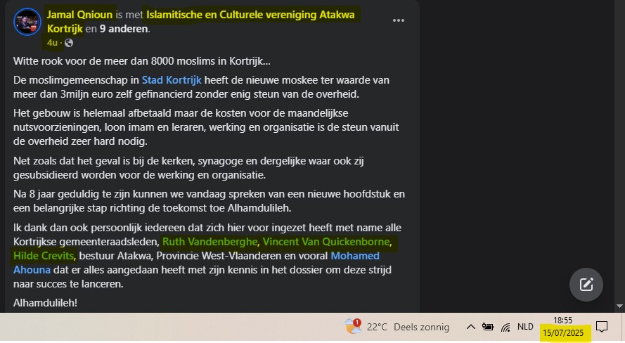 PVelleAntiJihad's tweet image. Moskee Atakwa (Kortrijk) erkend dankzij lobbywerk Jamal Qnioun die het volgende zei over onthoofding van Samuel Paty door jihadist: "eerlijk gezegd mocht de leraar bij zijn les blijven dan was er ook geen reden om de mes te doen snijden." Jamal is bevriend met @openvld bestuur!