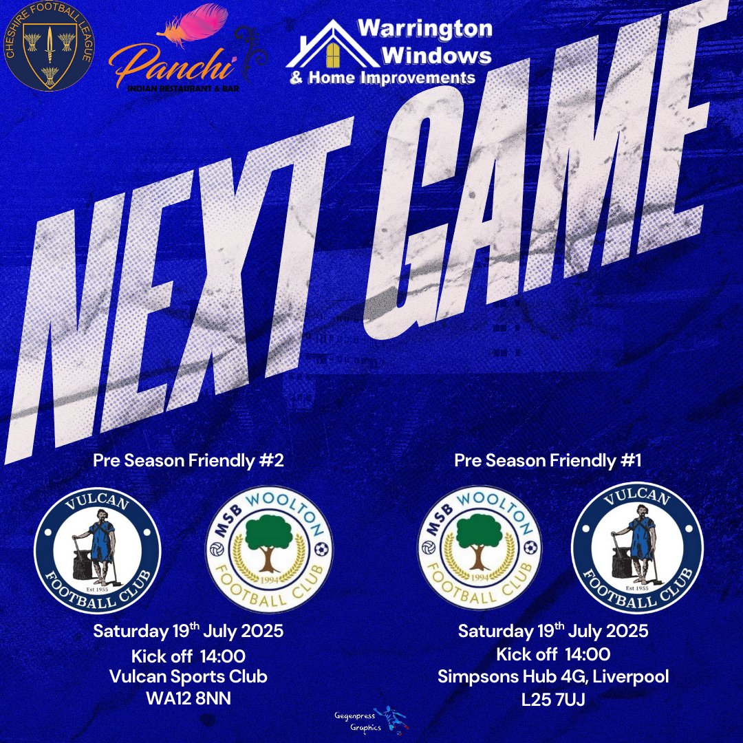 VulcanFC Gameday (@vulcanfcgameday) on Twitter photo Next up:
Saturday 19th July 2025
First team: MSB Woolton (H) 2pm KO
Reserves: MSB Woolton Reserves (A) 2pm KO
We are back at home after the pitch has undergone work throughout the Summer!
2 tough tests ahead on Saturday.
<a href="/CheshireFL/">Cheshire Football League ⚽️</a> Next up:
Saturday 19th July 2025
First team: MSB Woolton (H) 2pm KO
Reserves: MSB Woolton Reserves (A) 2pm KO
We are back at home after the pitch has undergone work throughout the Summer!
2 tough tests ahead on Saturday.
<a href="/CheshireFL/">Cheshire Football League ⚽️</a>