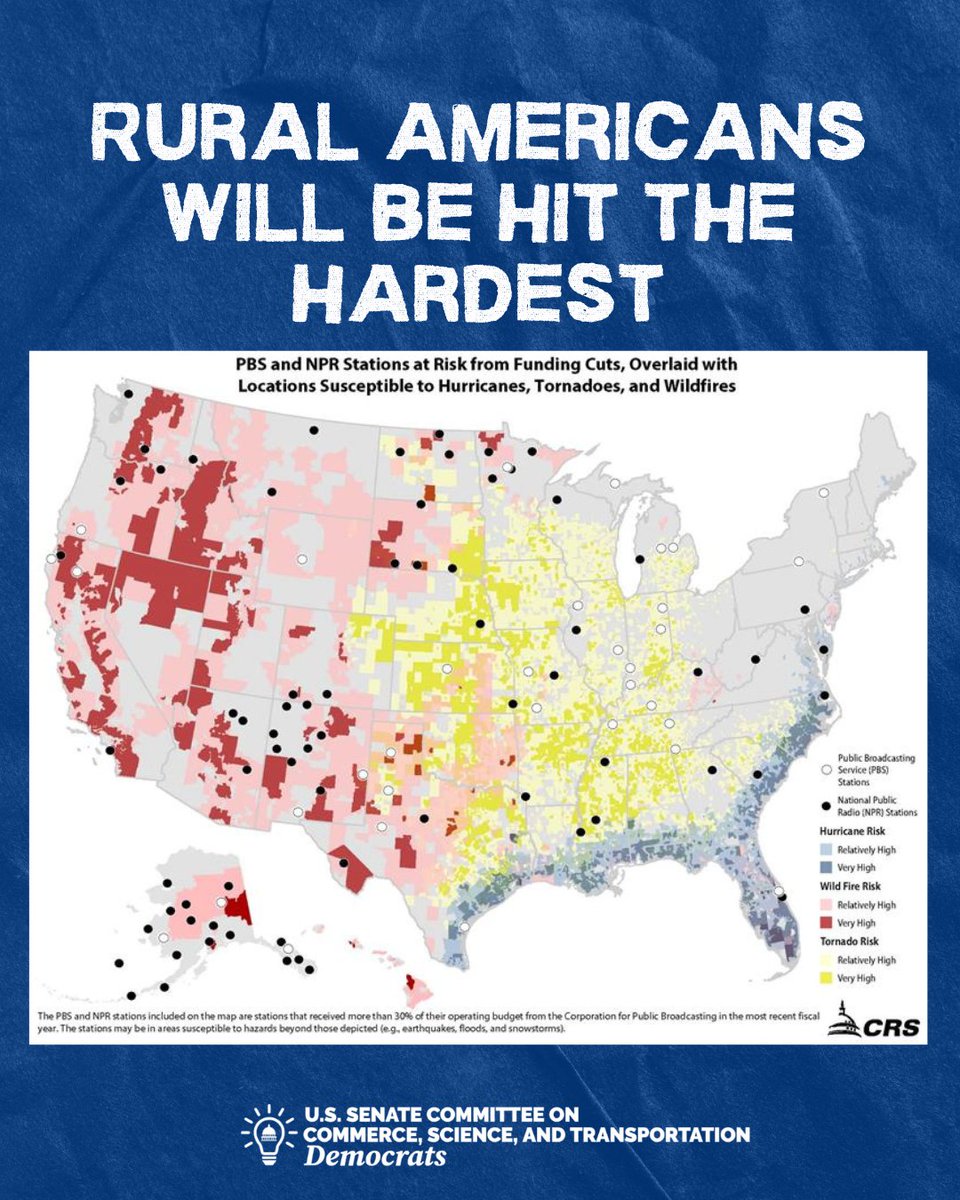 commercedems's tweet image. Rural Americans who live in extreme weather zones will lose access to public emergency broadcasting if the Republicans vote for Trump’s Rescission bill this Wednesday.