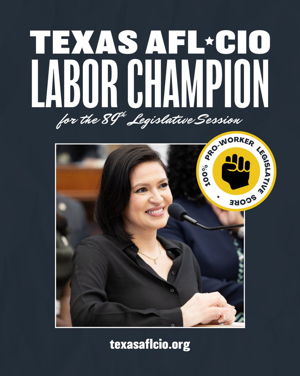 lindafortexas's tweet image. I am honored to be named a Texas Labor Champion by @TexasAFLCIO with a 100% Pro-Worker Scorecard for 2025.
I’ll always stand with Texas workers and families for fair wages, safe workplaces, and dignity on the job. ✊🏽💼 #HD107 #txlege