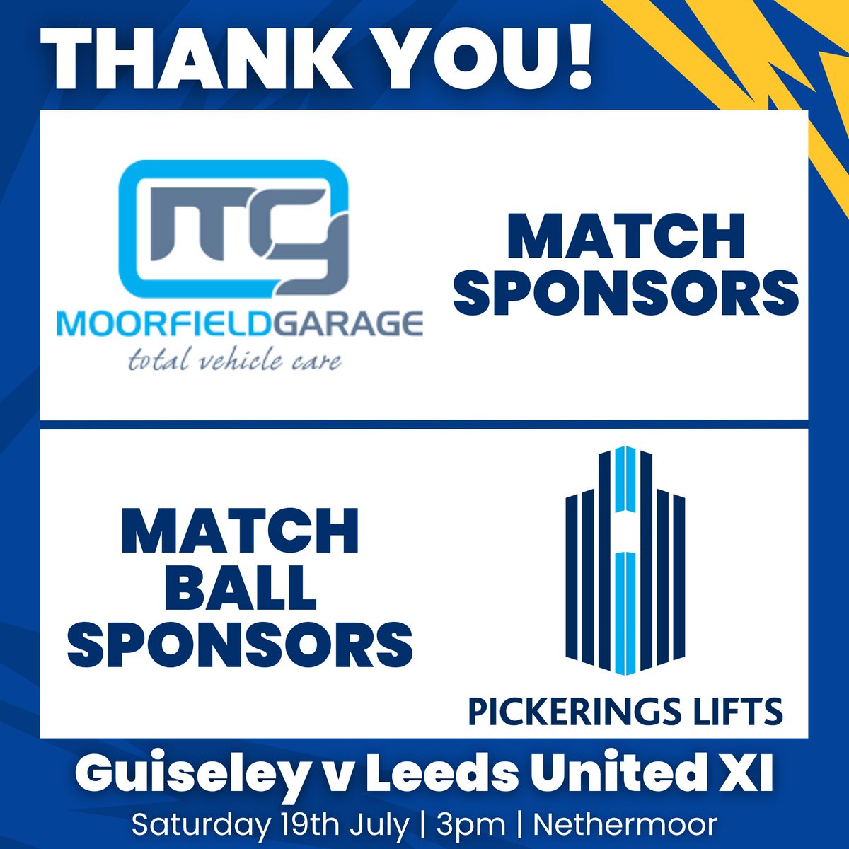 Thank you to Moorfield Garage - Yeadon and Pickerings Lifts Ltd for their continued support in sponsoring our game with Leeds United 👏

Tickets for Saturday's friendly are still available to purchase online!

Order now: tinyurl.com/GAFCVLUFC2526

#GAFC #LUFC #GuiseleyTogether