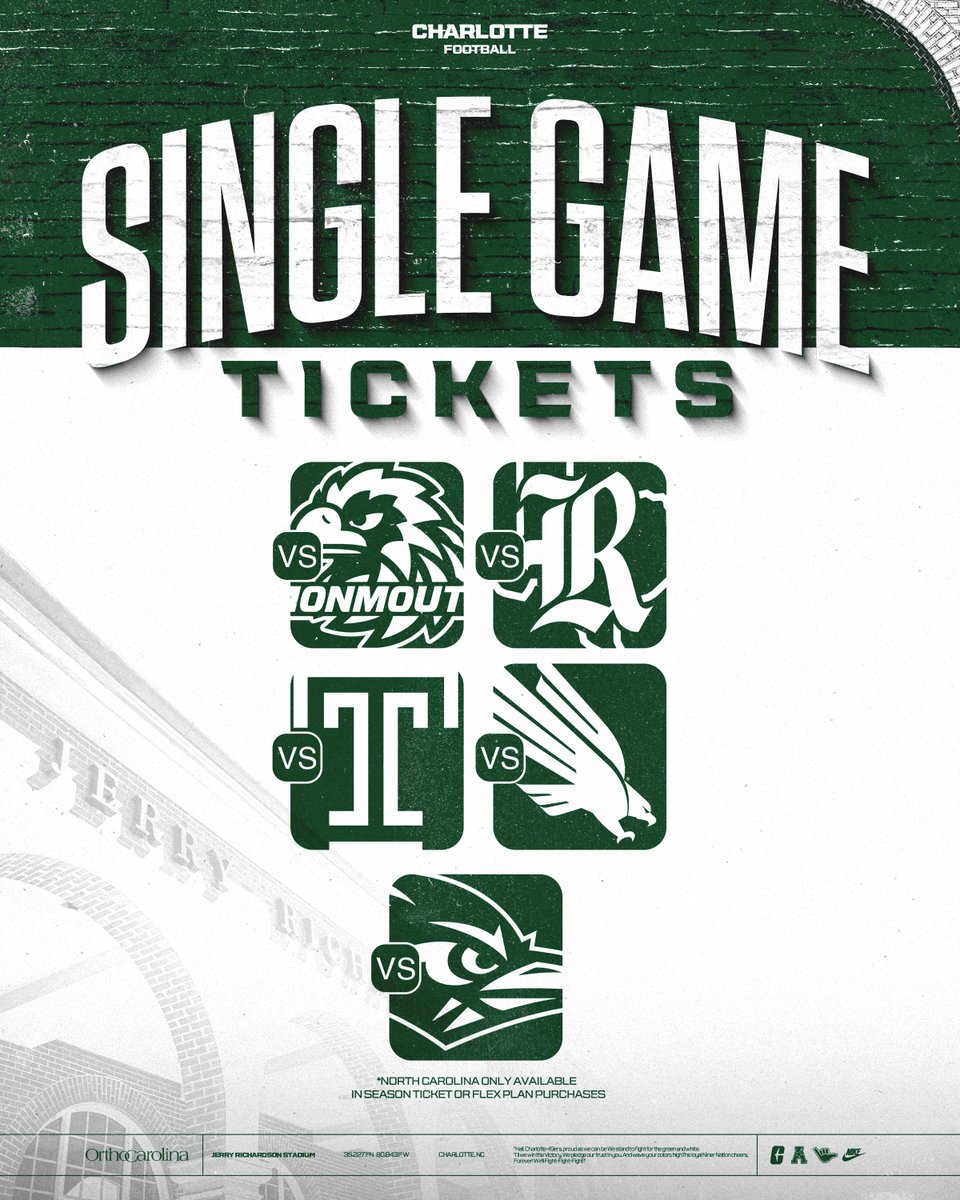 Charlotte49ers's tweet image. 📅 Game day, your way!
Single Game Tickets are ON SALE NOW!
Grab your seat for matchups you don’t want to miss 👀🏈
*North Carolina is only available in Flex Plans
🎟️» clt49e.rs/FBTix
