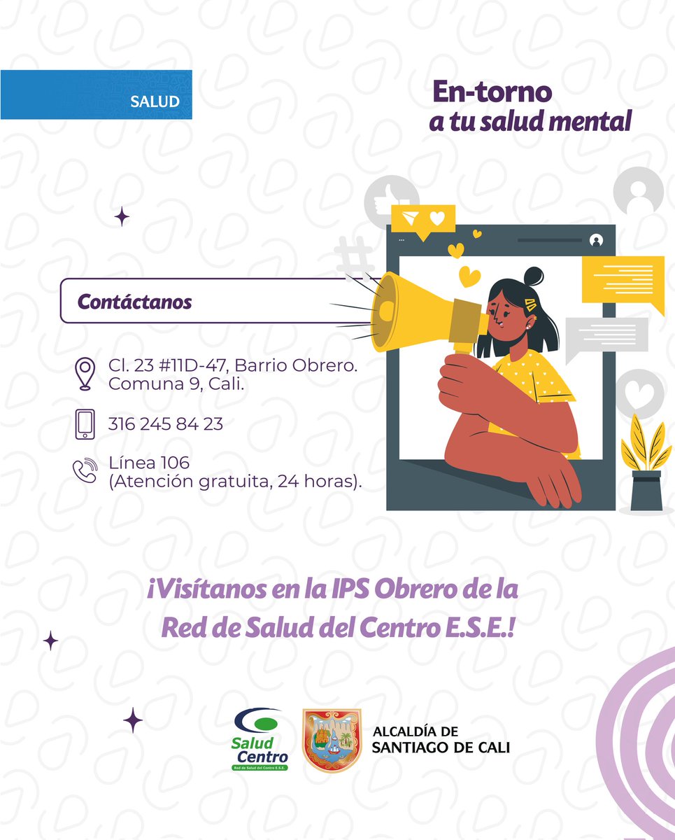 🧠💜 ¿Sabías que en la IPS Obrero tenemos una unidad funcional de salud mental? 

📍 Cl. 23 #11D-47, Barrio Obrero, Comuna 9 - Cali
📱 316 245 84 23
📞 Línea 106 (24 horas, gratuita).

📍¡No tienes que enfrentarlo solo/a! 💬

#RedDeSaludDelCentro #Entorno #SaludMental #PIC