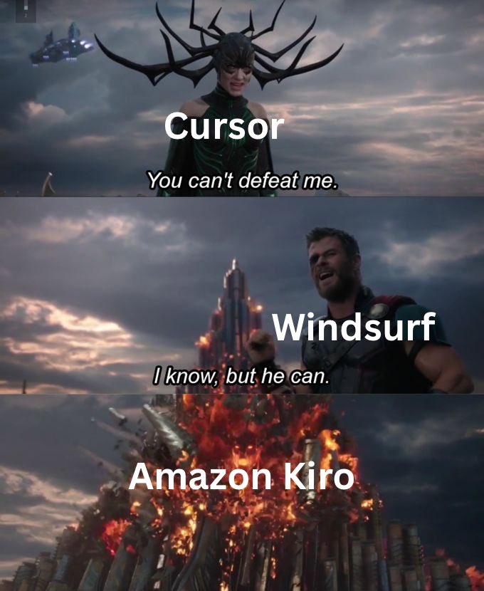 vivekvt_'s tweet image. With Cursor's pricing backlash and Windsurf's team imploding, Amazon Kiro's launch timing couldn't be more calculated.