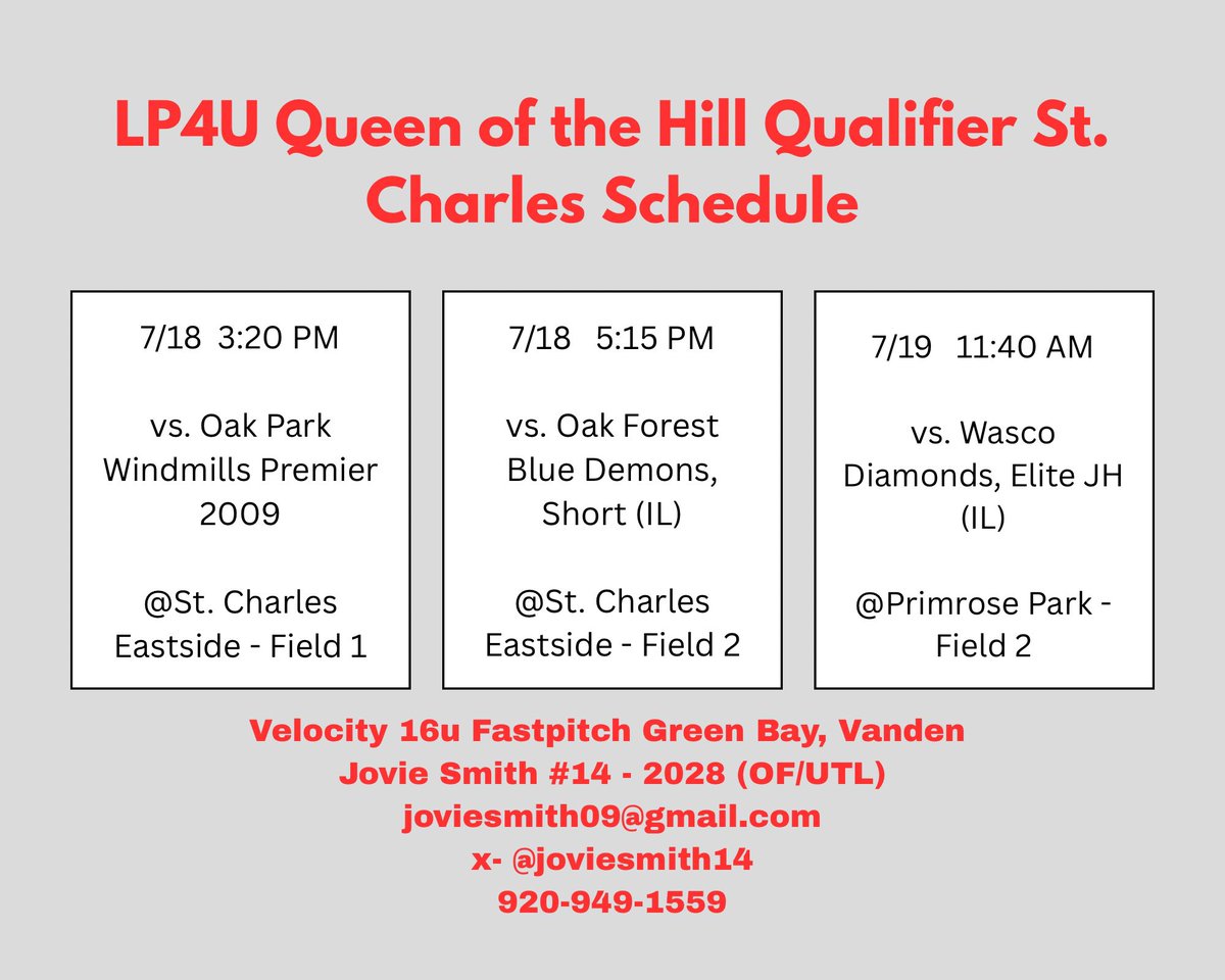 Jovie Smith (@joviesmith14) on Twitter photo My teams schedule for the LP4U Queen of the Hill Qualifier St. Charles this weekend!! ⬇️
<a href="/Velocity_GB/">Velocity Performance Training</a> <a href="/Velo_Softball/">Velocity Softball</a> My teams schedule for the LP4U Queen of the Hill Qualifier St. Charles this weekend!! ⬇️
<a href="/Velocity_GB/">Velocity Performance Training</a> <a href="/Velo_Softball/">Velocity Softball</a>