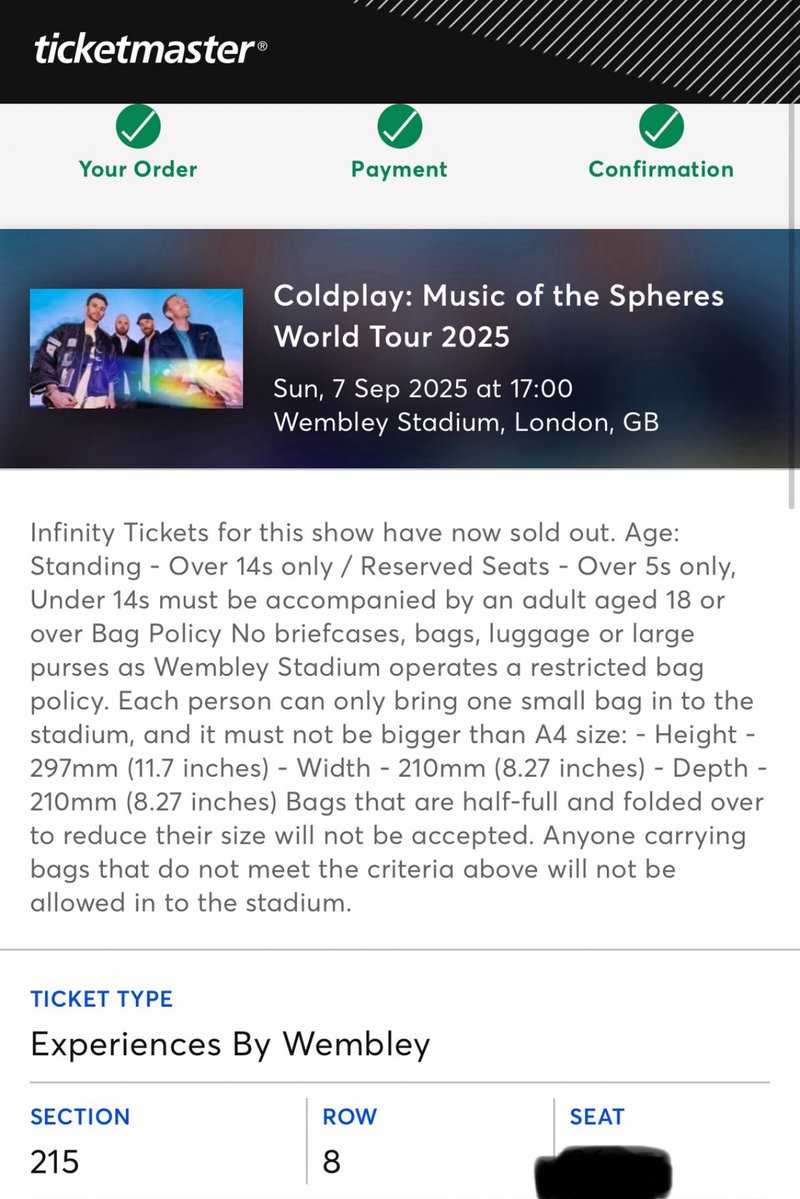 Janniebee73's tweet image. COLDPLAY WEMBLEY 🇬🇧
1 x Seated Wembley Experience for 7th September 2025
Face Value (see pic)
Rough view from seat (see pic)
Please RT or DM if interested.
Thank you 🙏
Jannie