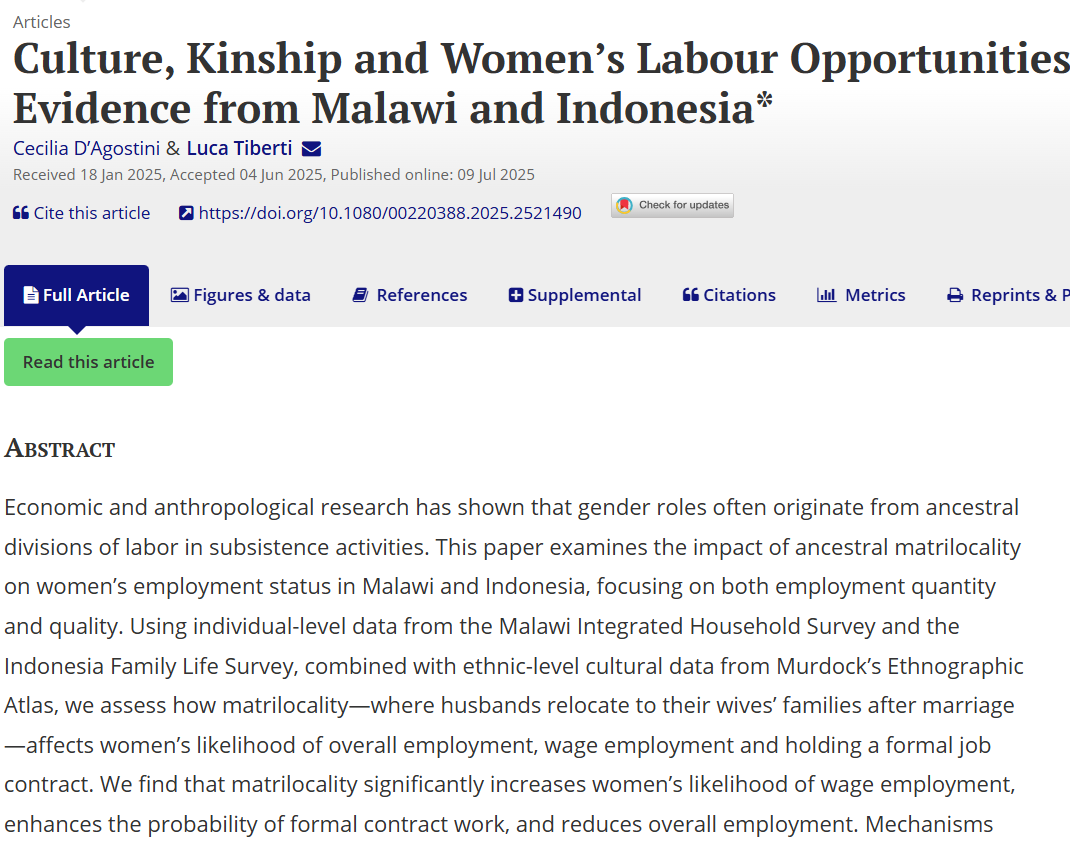 JDevStudies's tweet image. How does tradition shape women’s work? 📊
D’Agostini & @luca_tibe show matrilocality (husbands join wives’ families) raises women’s wage/formal jobs in 🇲🇼& 🇮🇩.
Read more👉🏼: doi.org/10.1080/002203…