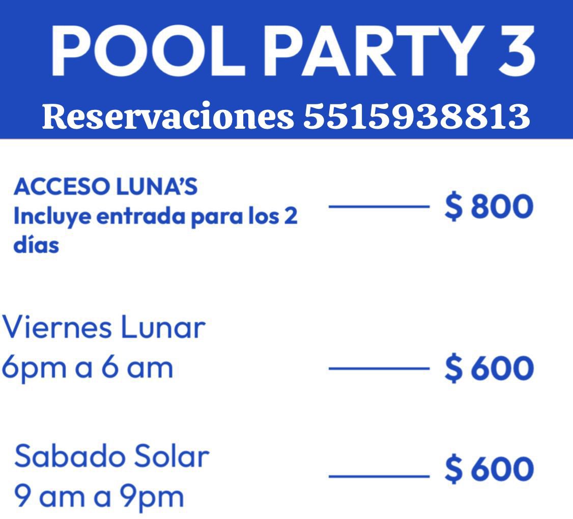 Vámonos a divertir todos!!  😈🤭😏
 hoy es quincena y el cuerpo lo sabe!!!!!!
Sabe que tiene que comprar su acceso para la Pool Party 3 😎🫣🥹🥴
Así que amigos que ya asistieron a nuestra albercada solo por hoy $500 pesitos su entrada en un solo pago 
ACCESO VIP ABIERTOS 🥳🎉🎊❤️‍🔥