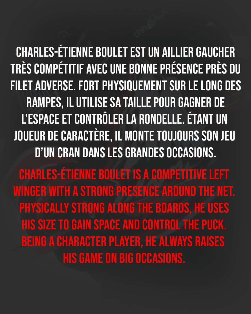 HuskiesRn's tweet image. 🚨🚨 PRÉSENTATION DES JOUEURS REPÊCHÉS 🚨🚨
Les Huskies sont fiers de présenter les jeunes joueurs que nous avons sélectionné à Québec lors du repêchage.
Voici une description des recruteurs sur notre neuvième sélection, Charles-Étienne Boulet.
#HuskiesRN #LaVilleEstHuskies
