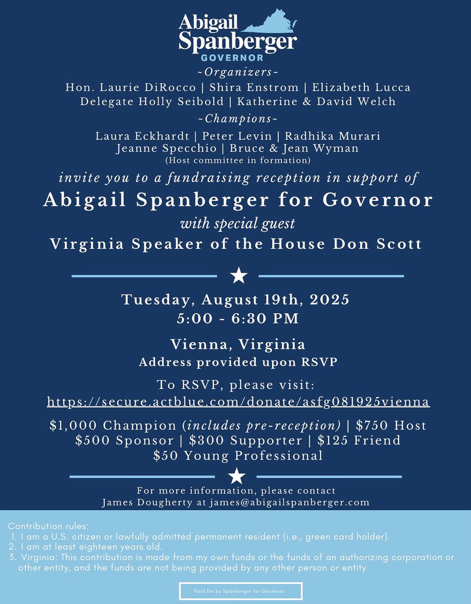 HollySeiboldVA's tweet image. ‼️HUGE NEWS‼️
@SpeakerDonScott will be joining @SpanbergerForVA at our Vienna fundraiser next month!
We are expecting a large crowd - so please don’t wait to grab your ticket!
RSVP/Donate today at:
secure.actblue.com/donate/asfg081…
See you there!