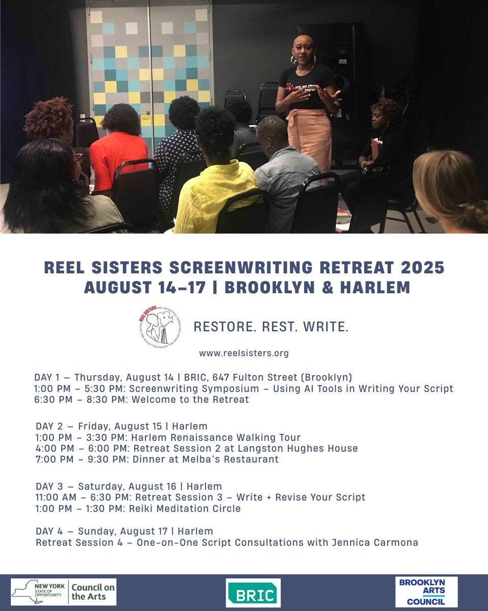 reelsisters's tweet image. 🚨 Only 2 spots left! Join us Aug 14–17 for the Reel Sisters Screenwriting Retreat in Harlem & Brooklyn. Workshop at the Langston Hughes House, get industry feedback, & stay at Aloft Harlem for $179/night (book by 7/30)! ✍🏾
Register: eventbrite.com/e/reel-sisters…
#WriteInHarlem