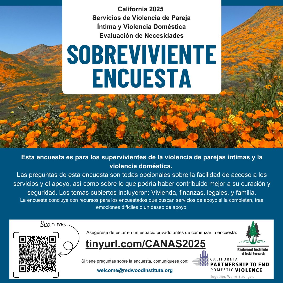 cpedvcoalition's tweet image. If you are a survivor of domestic violence, we want to hear about your experiences accessing services to help improve services in your communities and across CA.
If you’re safe & comfortable sharing, please complete this anonymous and confidential survey. tinyurl.com/CANAS2025
