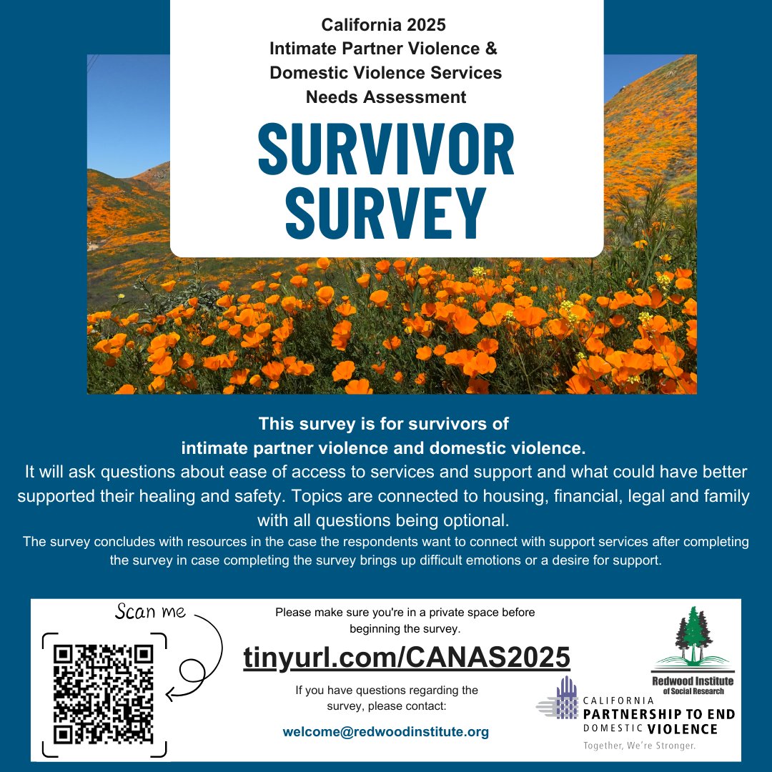 cpedvcoalition's tweet image. If you are a survivor of domestic violence, we want to hear about your experiences accessing services to help improve services in your communities and across CA.
If you’re safe & comfortable sharing, please complete this anonymous and confidential survey. tinyurl.com/CANAS2025