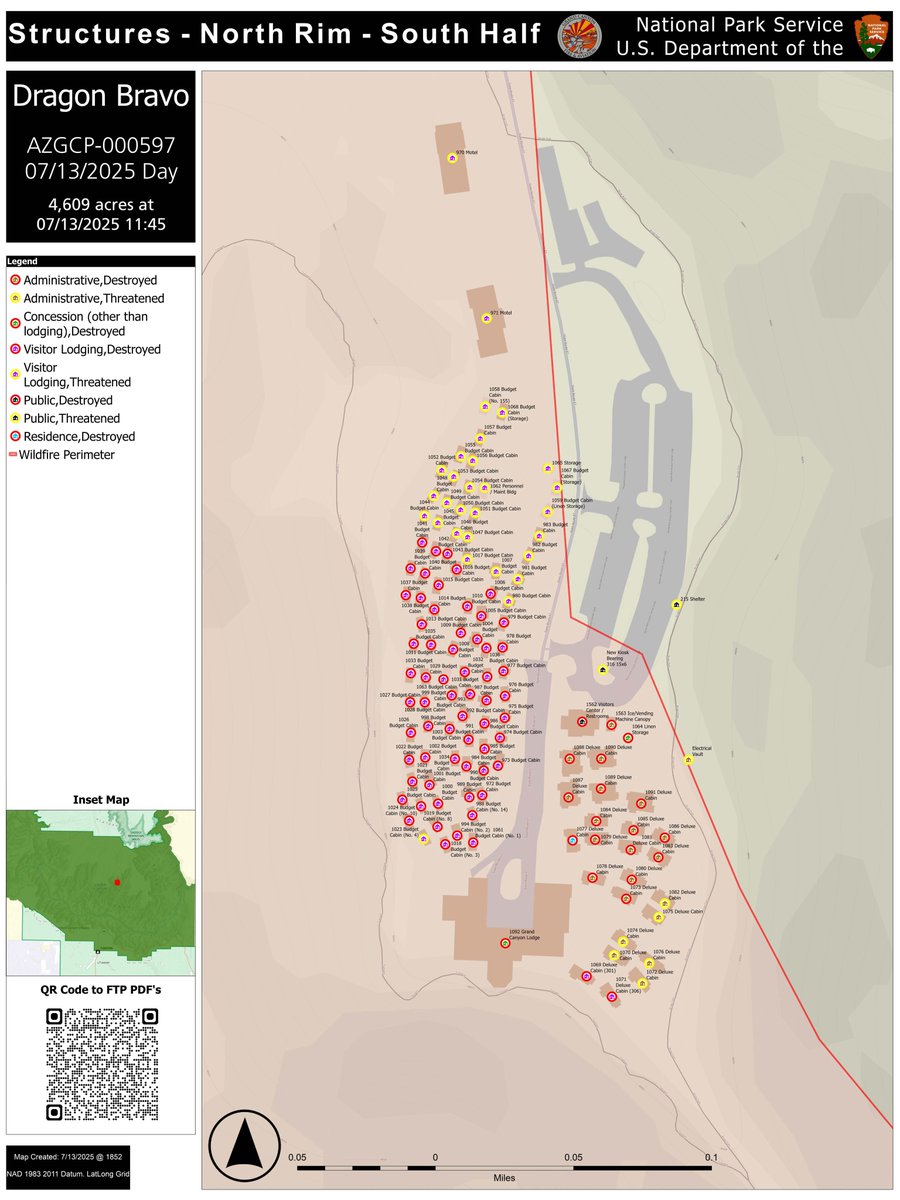 GrandCanyonNPS's tweet image. #DragonBravoFire Preliminary Structure Loss Report for July 15, 2025. The fire remains active at this time, this is not a final conclusive report.