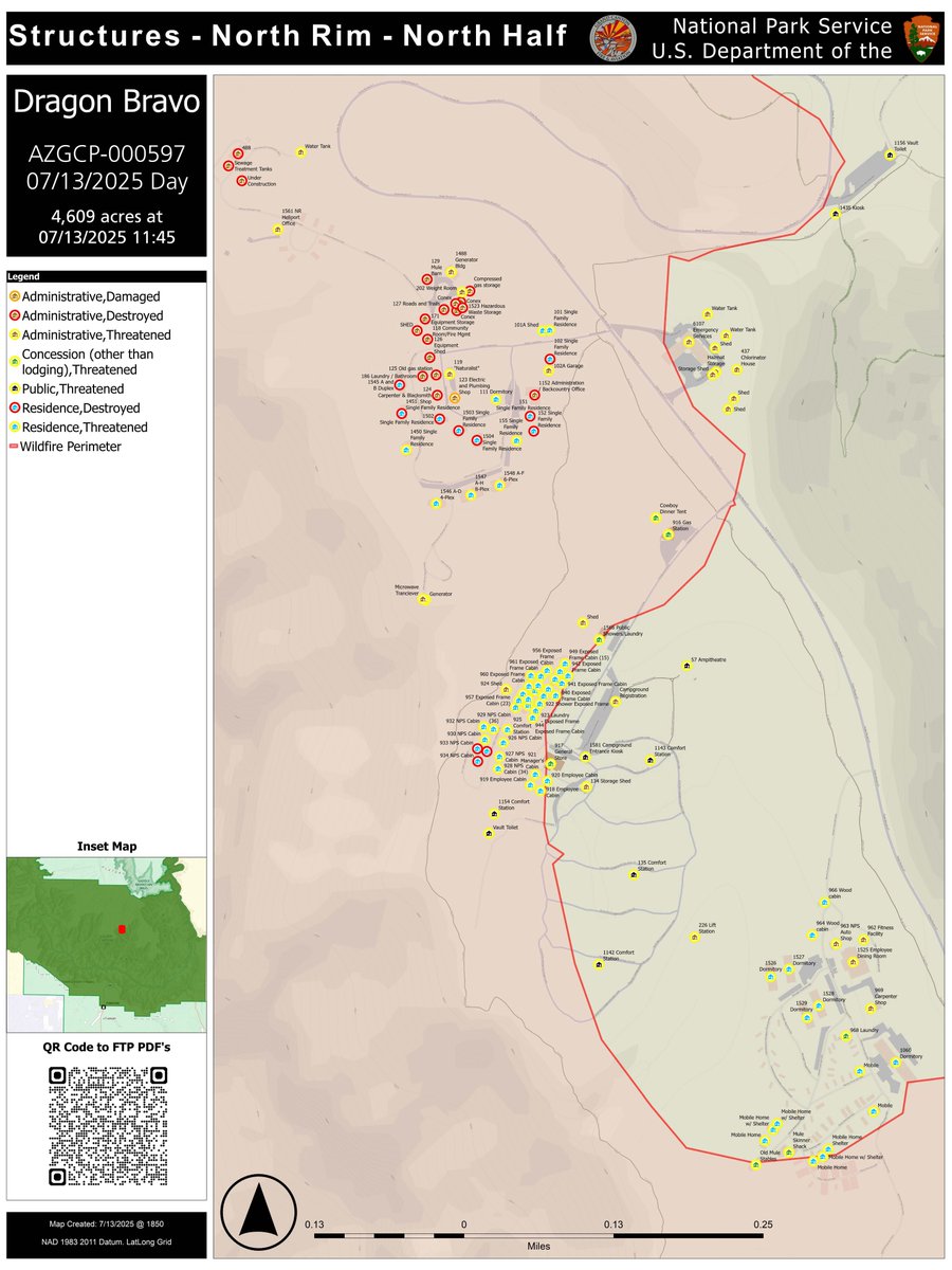 GrandCanyonNPS's tweet image. #DragonBravoFire Preliminary Structure Loss Report for July 15, 2025. The fire remains active at this time, this is not a final conclusive report.