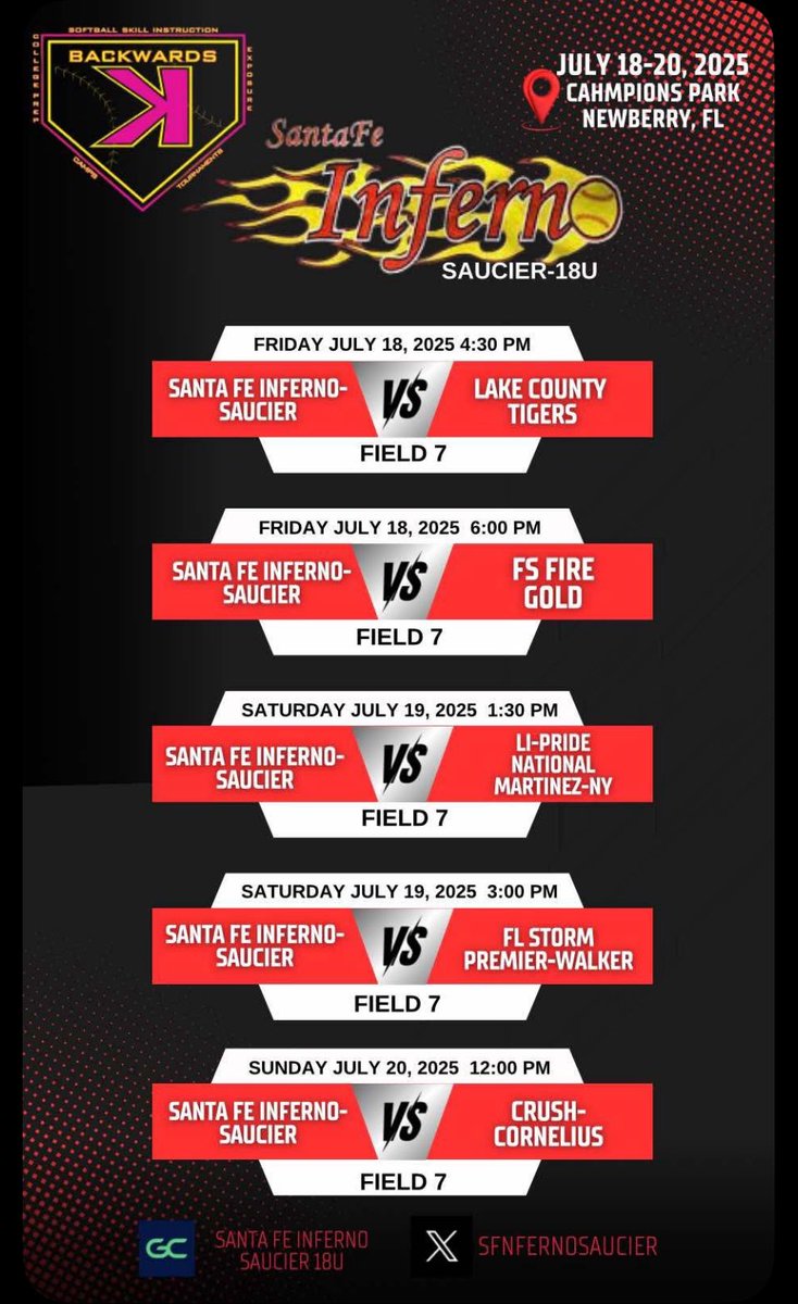 Come check out our ‘26 &amp; ‘27 grads this weekend! Backwards K at Champions Park, Newberry, FL. #sfinfernosaucier #sfinferno #backwardsK