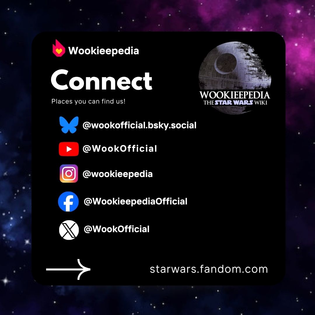 WookOfficial's tweet image. 🚀 Keep up to date with Wookieepedia's latest by checking out our presence on these platforms! #StarWars