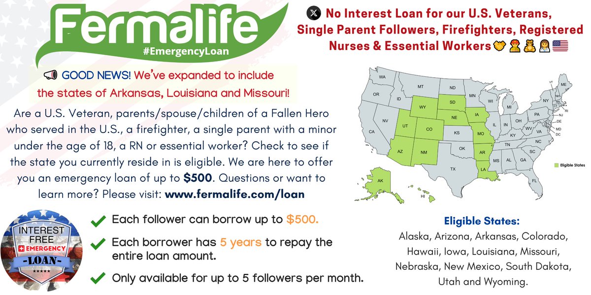 fermalife's tweet image. 🇺🇸🤝Did you know we have a *NO INTEREST* & *NO FEE* emergency loan assistance program available to our followers? We just EXPANDED to include Arkansas, Louisiana and Missouri! Read the image below to see if your state is eligible and get more info! Learn More Here:…