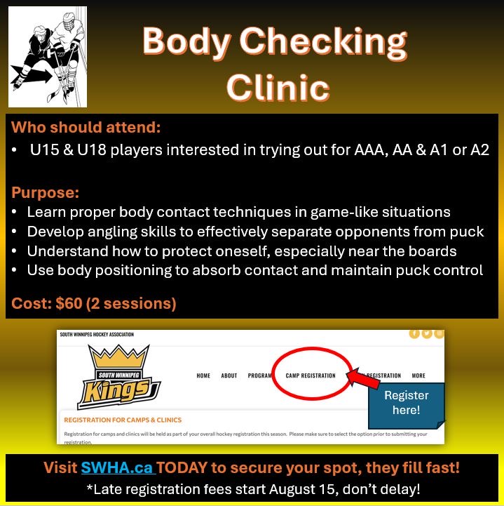 Registration is NOW OPEN!
- Preseason camp (all ages) are filling up
- Join us for an unforgettable season of hockey!
📷 Don’t miss out — spots fill fast!
�📷 Links in Bio
�#SWHA #SouthWinnipegHockey #KingsHockey #StormHockey #WinnipegHockey #YouthHockey