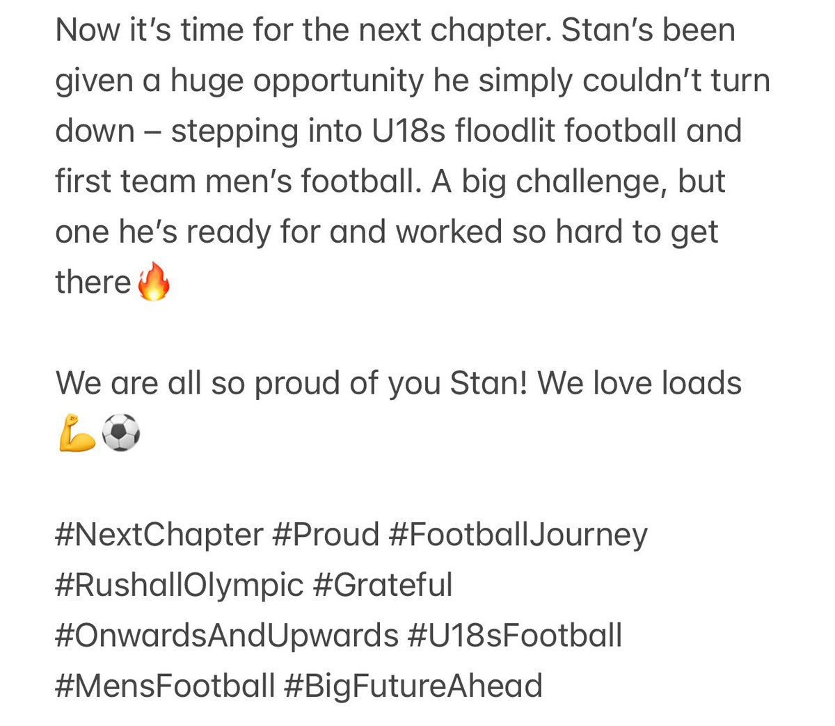 Stan has made the decision to leave <a href="/ROFCOfficial/">Rushall Olympic FC</a> Proud of this boy in making a brave decision and one which I am fully supportive of. 

Good luck to the Rushall lads Stan played with during his time and the first team on there up and coming season 🟠⚫️

We all love you son