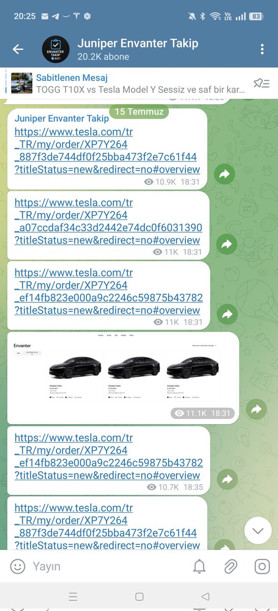 17 Nisan’da, Tesla satın almak isteyenlere tamamen ücretsiz bilgi vermek amacıyla Juniper Envanter Takip (t.me/envantertakip) kanalını kurdum.
Bugün 15 Temmuz. Yani sadece 3 ayda 20 bin üyeye ulaştık. Bu kanal sayesinde yüzlerce kişi araç sahibi oldu.

3 aylık süreçte