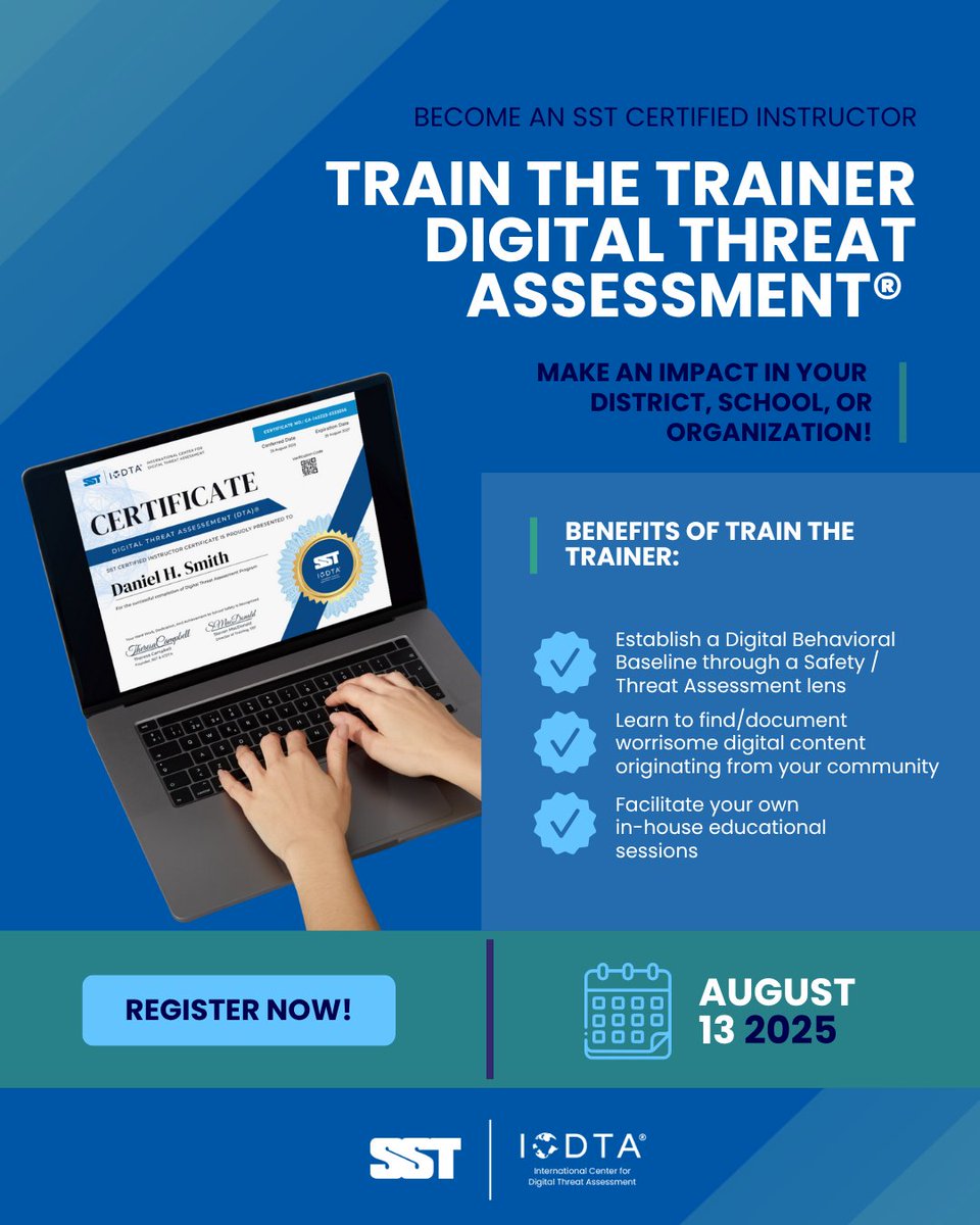 Make an impact in your community by becoming as SST Certified Instructor!

Register NOW for the Train the Trainer Digital Threat Assessment® taking place on August 13th: hubs.ly/Q03wv-cN0