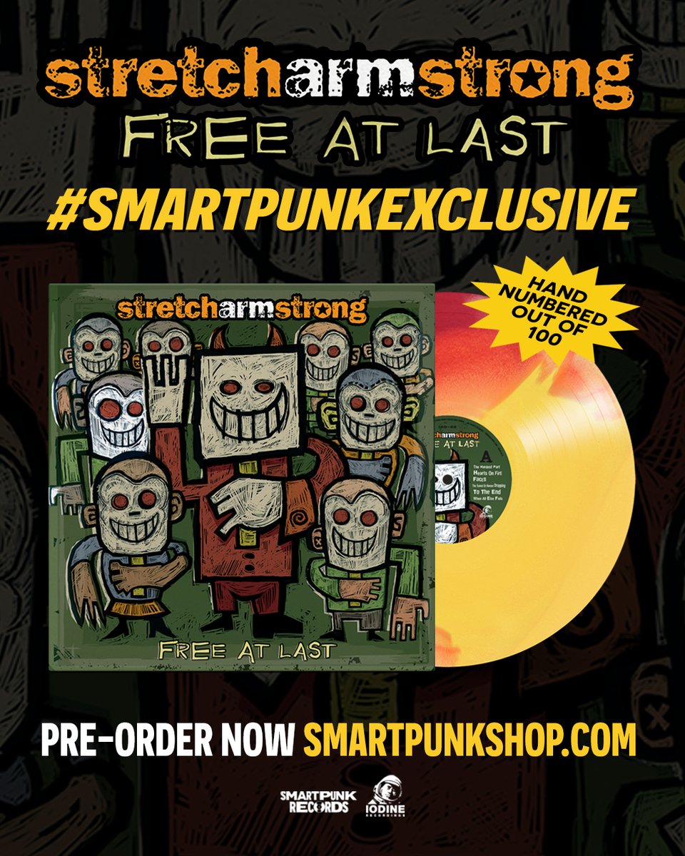 smartpunk's tweet image. The 20th anniversary edition of Stretch Arm Strong&apos;s &quot;Free At Last&quot; offers a fresh look at a genre-defining record and its first time on vinyl. Pre-order your copy of the #SmartpunkExclusive variant, hand numbered and limited to only 100 copies at smartpunkshop.com/collections/sm… ❤️‍🔥