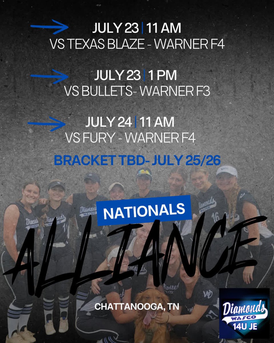 🚨SCHEDULE DROP!🚨 Heading to Chattanooga, TN for Alliance Nationals. We would love to see you there!! <a href="/WD14uJE/">Wasco Diamonds 14UJE</a> <a href="/coach2morrow/">Coach Morrow</a>