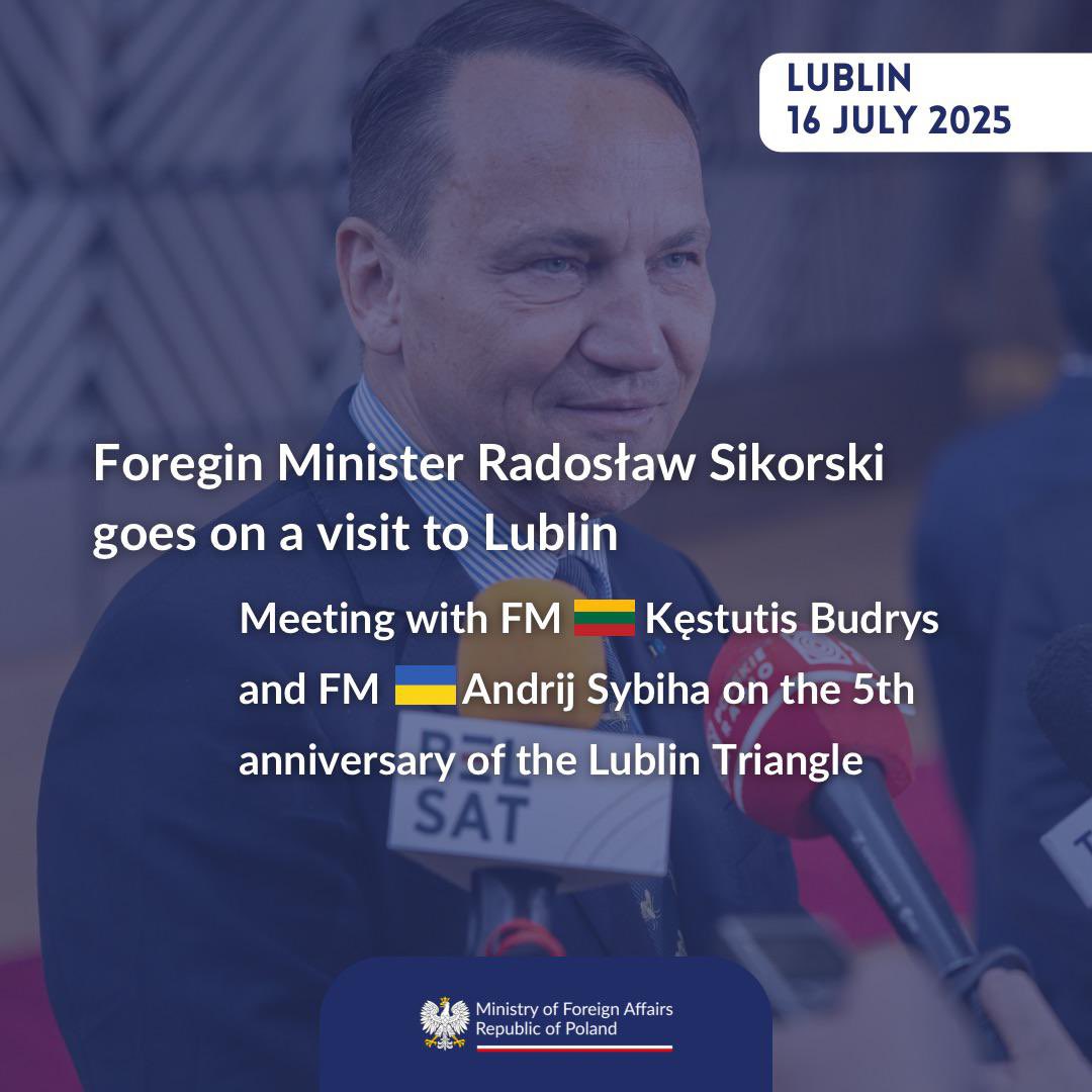 PolandMFA's tweet image. Tomorrow the 5th anniversary of the Lublin Triangle will be celebrated in Lublin.
The event will be attended by the foreign ministers of the Lublin Triangle šµš± FM @sikorskiradek, š±š¹ FM @BudrysKestutis and šŗš¦ FM @andrii_sybiha.