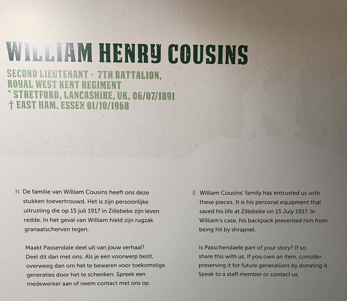 Dan P (@danieljphelan_) on Twitter photo The shrapnel-damaged equipment belonging to Second Lieutenant William Cousins on display at <a href="/MMP1917/">Passchendaele Museum</a>. William was severely wounded on 15th July 1917 at Zonnebeke and, by the look of his kit, was lucky to survive.
📍Memorial Museum Passchendaele 1917 🇧🇪 The shrapnel-damaged equipment belonging to Second Lieutenant William Cousins on display at <a href="/MMP1917/">Passchendaele Museum</a>. William was severely wounded on 15th July 1917 at Zonnebeke and, by the look of his kit, was lucky to survive.
📍Memorial Museum Passchendaele 1917 🇧🇪