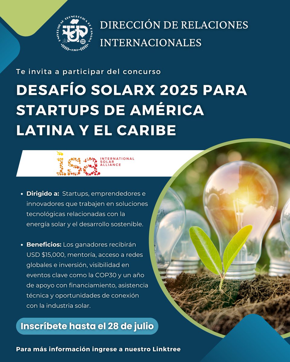 Dirección de Relaciones Internacionales (@dri_utp) on Twitter photo ¿Tienes una idea innovadora en energía solar o tecnologías limpias? ☀️🌱<a href="/utppanama/">UTP Panamá</a>
¿Qué puedes ganar?
💰 $15,000 para tu proyecto
🧠 Mentoría con expertos del sector
🚀 Programa de aceleración de 10 meses
¡Inscríbete ya!➡️utp.ac.pa/concurso-start… ¿Tienes una idea innovadora en energía solar o tecnologías limpias? ☀️🌱<a href="/utppanama/">UTP Panamá</a>
¿Qué puedes ganar?
💰 $15,000 para tu proyecto
🧠 Mentoría con expertos del sector
🚀 Programa de aceleración de 10 meses
¡Inscríbete ya!➡️utp.ac.pa/concurso-start…