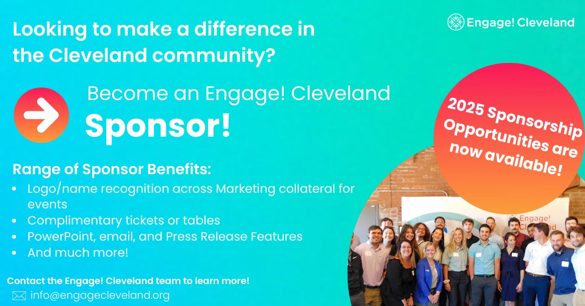Engage! Cleveland (@engagecleveland) on Twitter photo When you sponsor an event with Engage! Cleveland, you are helping to bring professional development opportunities to the next generation of emerging professionals in Cleveland. Interested in learning more about supporting our work? Email patrick@engagecleveland.org. When you sponsor an event with Engage! Cleveland, you are helping to bring professional development opportunities to the next generation of emerging professionals in Cleveland. Interested in learning more about supporting our work? Email patrick@engagecleveland.org.