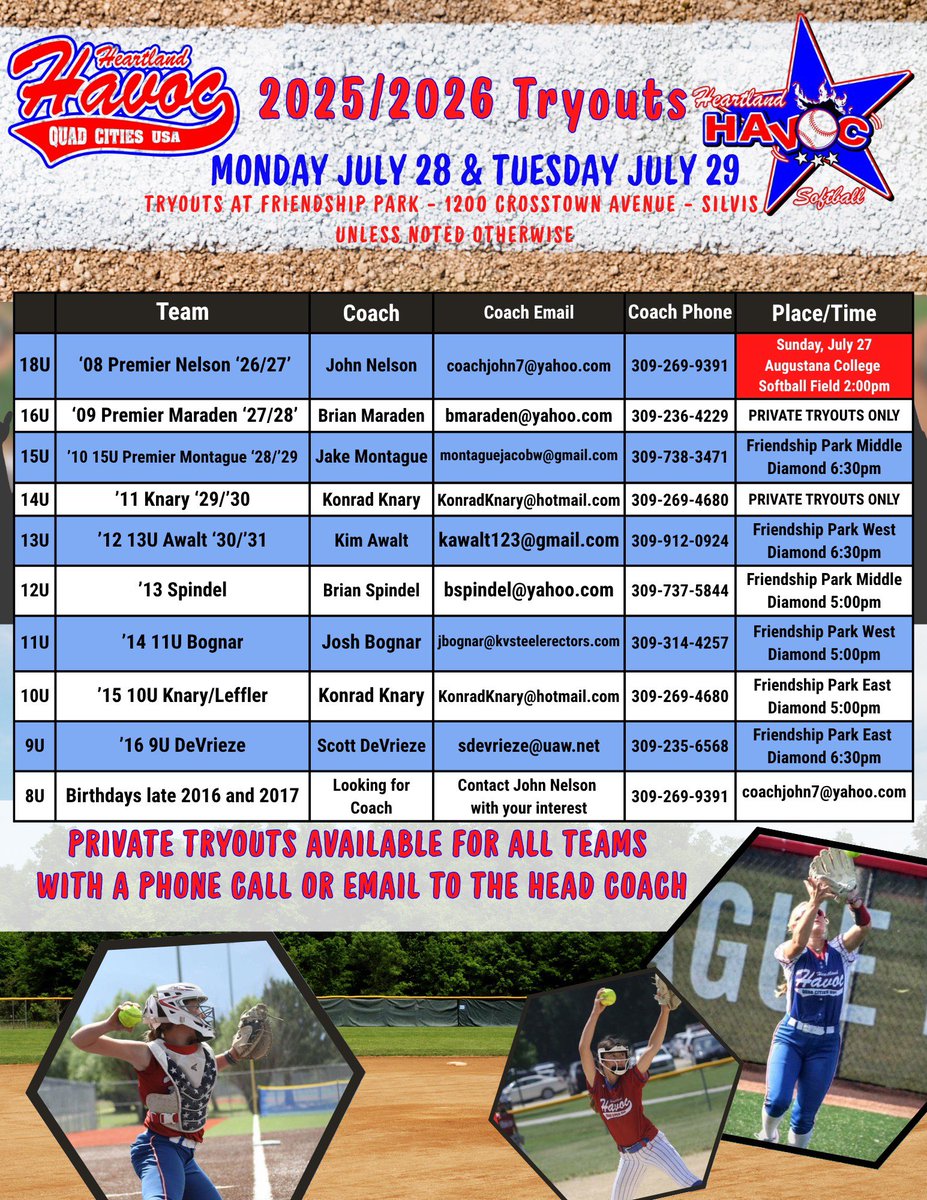 HEARTLAND HAVOC GIRLS FASTPITCH (@fastpitchhavoc) on Twitter photo Havoc tryouts July 28th & 29th! Please see ad for details! Contact head coach for private tryouts. <a href="/Havocsoftball08/">Heartland Havoc 08</a> will host tryouts on 7/27 at 2pm Havoc tryouts July 28th & 29th! Please see ad for details! Contact head coach for private tryouts. <a href="/Havocsoftball08/">Heartland Havoc 08</a> will host tryouts on 7/27 at 2pm
