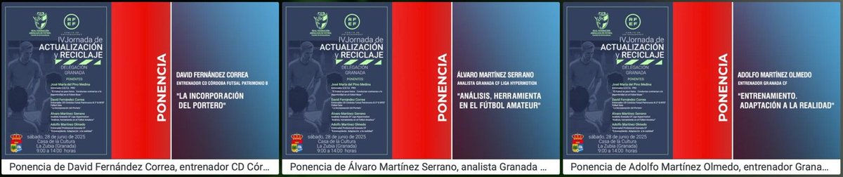 📒𝙀𝙣𝙩𝙧𝙚𝙣𝙖𝙙𝙤𝙧𝙚𝙨 𝙍𝙁𝘼𝙁

📋Jornada de actualización en Granada

🗣️José María Del Pino, entrenador UEFA Pro
🗣️David Fernández, entrenador <a href="/CordobaFutsal/">Córdoba Patrimonio de la Humanidad</a> "B"
🗣️Álvaro Martínez, analista <a href="/GranadaCF/">Granada CF ❤️⚪️</a>
🗣️Adolfo Martínez, entrenador <a href="/GranadaCF/">Granada CF ❤️⚪️</a>

📺En Novedades de #RFAFtv