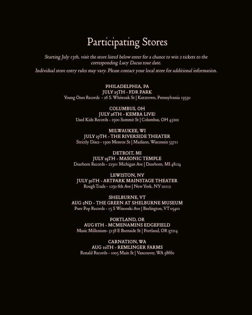 TeamLucyDacus's tweet image. #ForeverIsAFeelingTour continues July 25! Enter to win 2 tickets to a show near you at one of these select indie record stores across the US. Check with your store for additional details ♾️