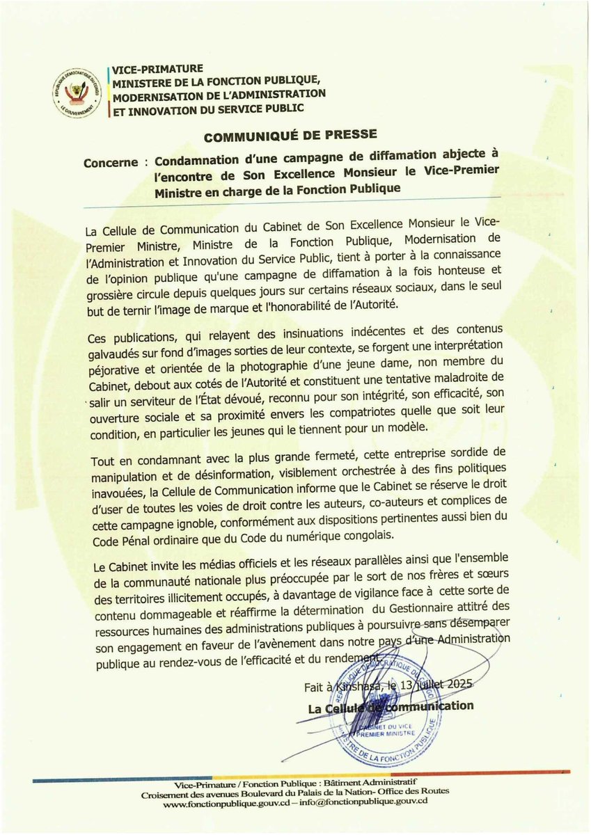 #FonctionPubliqueRDC | COMMUNIQUE DE PRESSE
Condamnation de la campagne de diffamation abjecte à l'encontre de Son Excellence Monsieur le Vice-Premier Ministre, Ministre de la Fonction Publique.
#CellCom