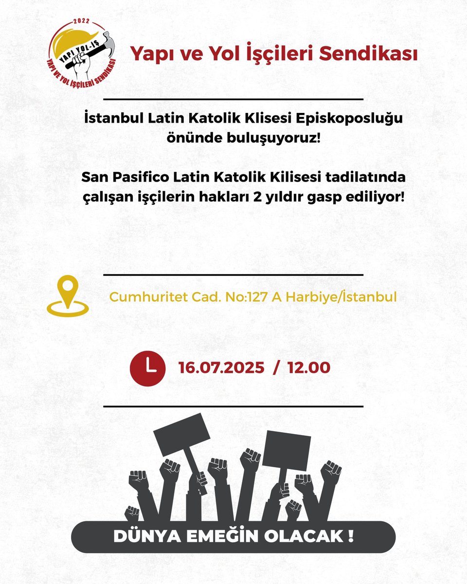 🚩İstanbul 

 ▪️San Pasifico Latin Katolik Kilisesi tadilatında çalışan ve hakları gasp edilen işçileri gözaltı ve baskıyla yıldıramazsınız.

▪️Haklı mücadelemiz yarın 12.00 da İstanbul Latin Katolik Klisesi Episkoposluğu önünde devam edecek. 

Tüm mücadeleci kurum ve sendikaları