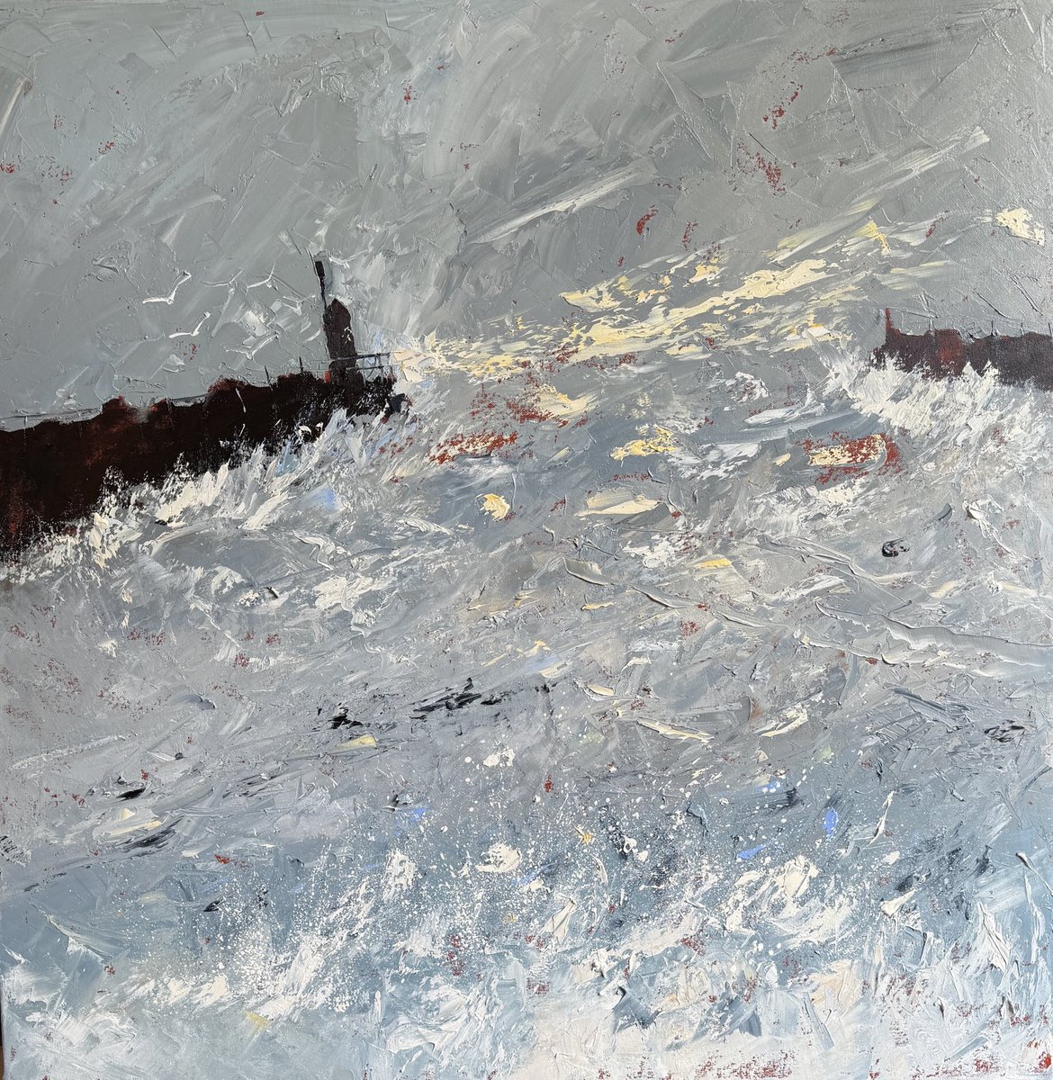 #WIP Two Breakwaters #Staithes #YorkshireCoast #marineart #NorthSea Long way to go still and difficult to get a good photo so showing #details. #oils 36x36”