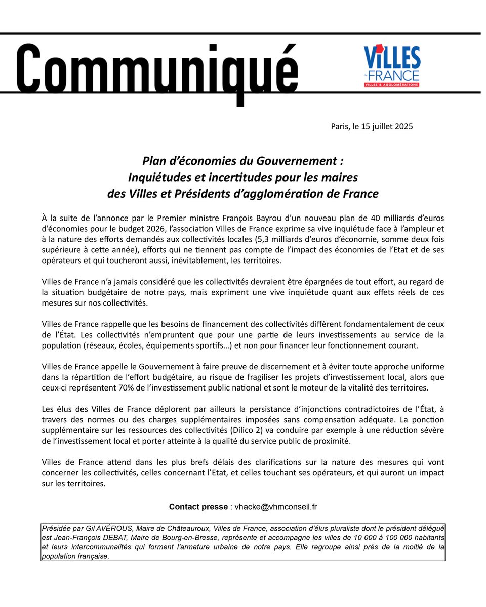 Villes de France (@villesdefrance) on Twitter photo 𝗖𝗢𝗠𝗠𝗨𝗡𝗜𝗤𝗨𝗘́ 𝗢𝗙𝗙𝗜𝗖𝗜𝗘𝗟 📜
À la suite de l’annonce par le Premier ministre François @Bayrou sur le budget 2026, <a href="/VillesdeFrance/">Villes de France</a> exprime sa vive inquiétude face à l’ampleur et à la nature des efforts demandés aux collectivités locales. 𝗖𝗢𝗠𝗠𝗨𝗡𝗜𝗤𝗨𝗘́ 𝗢𝗙𝗙𝗜𝗖𝗜𝗘𝗟 📜
À la suite de l’annonce par le Premier ministre François @Bayrou sur le budget 2026, <a href="/VillesdeFrance/">Villes de France</a> exprime sa vive inquiétude face à l’ampleur et à la nature des efforts demandés aux collectivités locales.