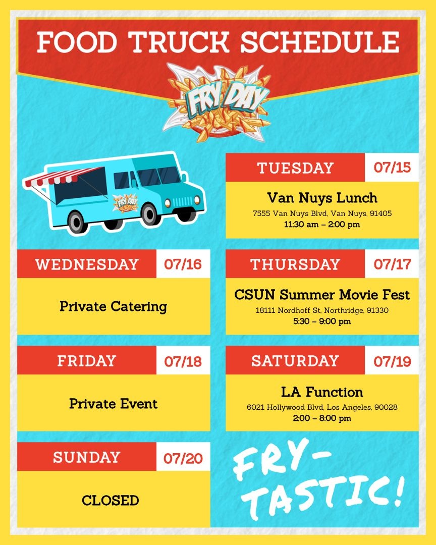 This week’s schedule is lookin’ FRY-TASTIC! 🍟

Catch us at:
📍 Van Nuys Lunch – Tues 7/15
📍 CSUN Summer Movie Fest – Thurs 7/17
📍 LA Function – Sat 7/19

Mark your calendars and come get your fry fix!

#frydayfoodtruck #loadedfries #laevents #streetfood #foodtrucklove