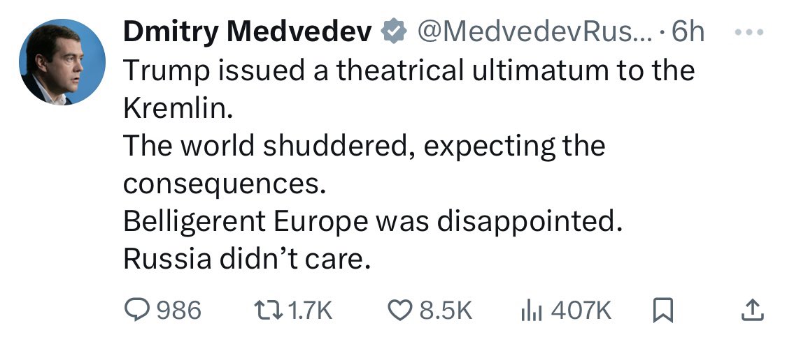 Razom for Ukraine 🇺🇸🤝🇺🇦 (@razomforukraine) on Twitter photo Deputy Chair of Russia’s Security Council calls <a href="/POTUS/">President Donald J. Trump</a>’s ultimatum “theatrical.” The Kremlin still doesn’t take President Trump seriously — and clearly isn’t interested in negotiating. Why wait 50 days? Deputy Chair of Russia’s Security Council calls <a href="/POTUS/">President Donald J. Trump</a>’s ultimatum “theatrical.” The Kremlin still doesn’t take President Trump seriously — and clearly isn’t interested in negotiating. Why wait 50 days?