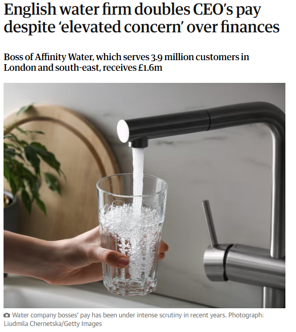 The only thing rising faster than your bills is water bosses’ pay.

Affinity Water’s CEO is pocketing £1.6 million while the firm leaks billions of litres every year.

Time for public ownership.