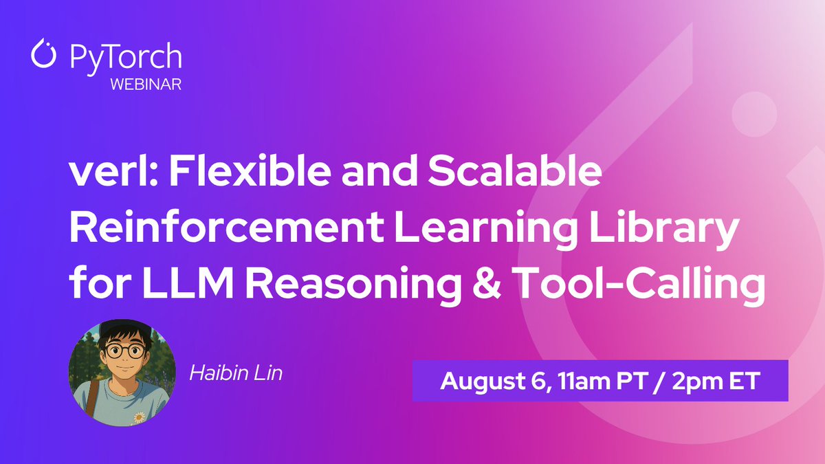 PyTorch's tweet image. Discover how #verl simplifies #ReinforcementLearning for advanced #LLM reasoning and tool use in our Aug 6 Expert Exchange with Haibin Lin (ByteDance). Supports PPO/GRPO/DAPO, async rollout, expert parallelism for MoE, and more. #PyTorch #OpenSourceAI
🔗 hubs.la/Q03xkQW-0