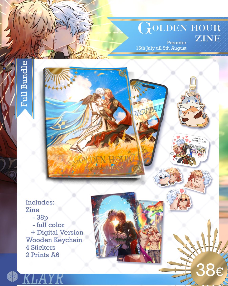 KlayrG's tweet image. Golden Hour - A Myphaidei Zine
It is time! I'm happy to present you the Zine born from the #Pridekisses2025 Prompts!
38 pages of Phainon and Mydei being absolut saps! And it comes with lots of goodies! Link to the Store in next Post💙
#phaidei 🔄 #myphai