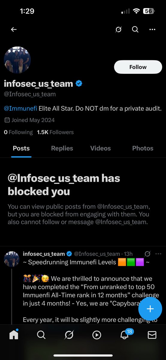 Ehsan1579's tweet image. Just realized and @Infosec_us_team aka @capybara_sr has blocked me for some reason, I don’t even interact with them or know them.

Are they declaring war in silence? I’m all for it. 1 vs a team that’ll be interesting.